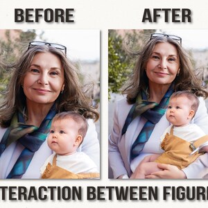 May include: Image comparison with the text "BEFORE" and "AFTER" above two portraits. The portraits show a woman holding a baby. The text "INTERACTION BETWEEN FIGURES" is below the portraits.