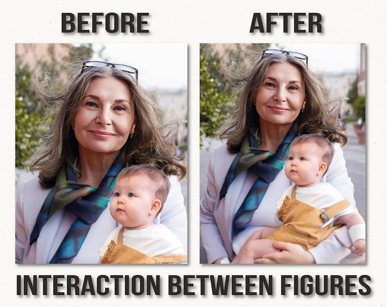May include: Image comparison with the text "BEFORE" and "AFTER" above two portraits. The portraits show a woman holding a baby. The text "INTERACTION BETWEEN FIGURES" is below the portraits.