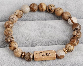 Inspirational engraved faith bracelet a natural beaded stone