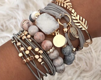 Hot-selling Style Real Gemstone Jewelry, Bohemia Natural Zebra Stone Druzy Quartz Charm Stacking Bracelet