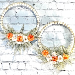 Boho Bead Wreaths with Peach and Pink Roses, Perfect for Baby Room, Small Wreath Set of 2 for Double doors or windows