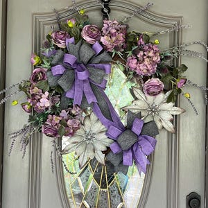 Purple Floral Wreath with Bows, Elegant Front Door Wreath, Lavender and Gray Wreath, Year-Round Metal Flower Wreath, Spring & Summer Decor