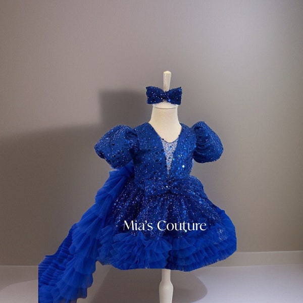 Girls royal blue  sequins rhinestone dress for girls, toddlers pearl dress, blue girl 1st birthday dress, toddler pageant gown, formal dress