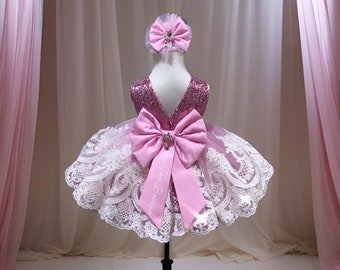 Robe bébé fille rose et blanche, robe en tulle rose, robe bling, premier anniversaire rose et blanc, robe d'anniversaire, robe rose pour le bal