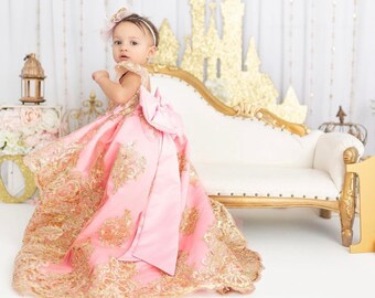 Robe de princesse, robe en dentelle rose et dorée, robe longue, robe formelle pour fille, robe rose pour bébé fille, robe de premier anniversaire, photographie de bébé