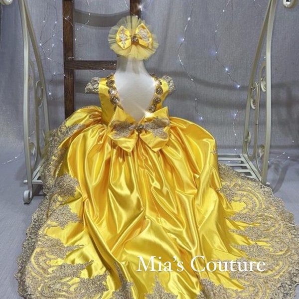 Girls yellow and gold belle dress, beauty and the beast, Yellow & Gold Beautifully Made Lace Rhinestone Embezzlement Big Bow High Low Dress