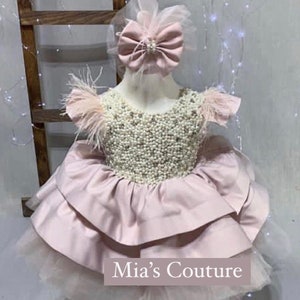 Blush girl pearls dress birthday girl tutu gown ballerina dress perfect toddler dress ruffle dress for baby rose gold baby dress formal dres