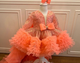 Girls pink sequins rhinestone dress for girls, toddlers pearl dress, pink girl 1st birthday dress, toddler pageant gown, formal dress