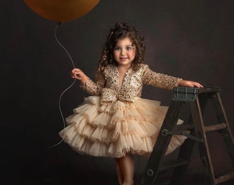 Girls gold sequins rhinestone dress for girls, toddler gold dress, gold girl 1st birthday dress, toddler pageant gown, formal dress