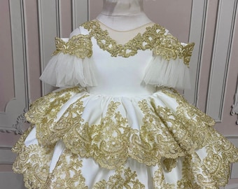 Gold and White Lace Flower Girl Dress, Toddler Pageant Gown, Toddler Shabby Chic Flower Girl Dress, Toddler Floor Length Dress, Baby Dress