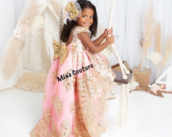 Princess Gown, Pink and Golden Lace Dress, Long Length Gown