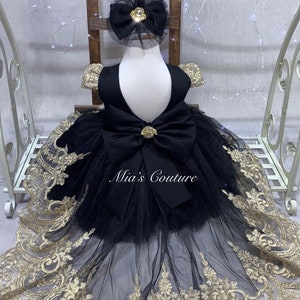 Black and gold baby girl dress, black gold tulle dress with gold lace, high low dress girl, birthday dress, prom dress, flower girl dress