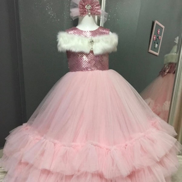 Pink girls princess gown  Over The Shoulder Big Bow Girls Modern Style Dress