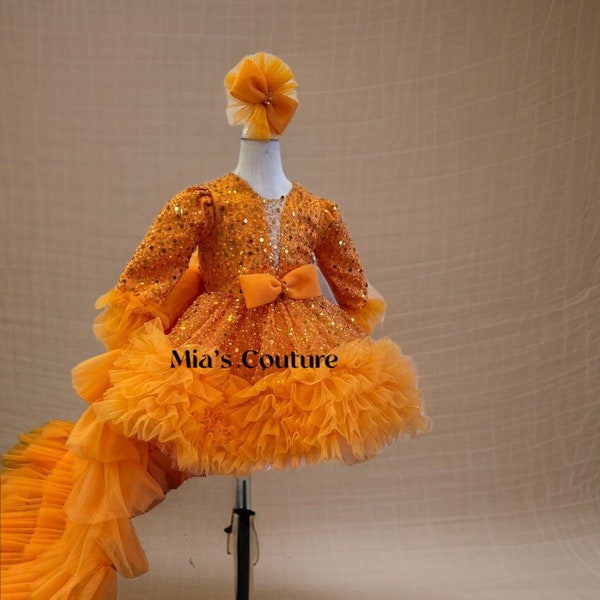 Girls orange sequins rhinestone dress for girls, toddlers pearl dress, orange girl 1st birthday dress, toddler pageant gown, formal dress