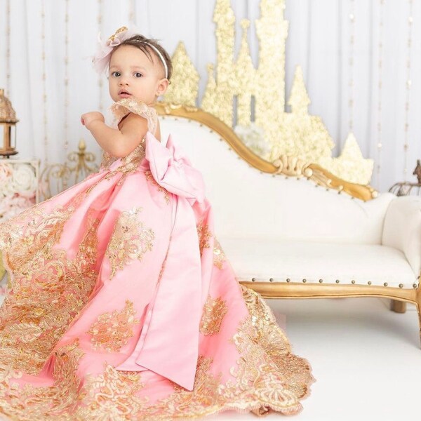 Princess gown, pink and golden lace dress, long length gown, formal girl dress, baby girl pink dress, first birthday gown, photography baby