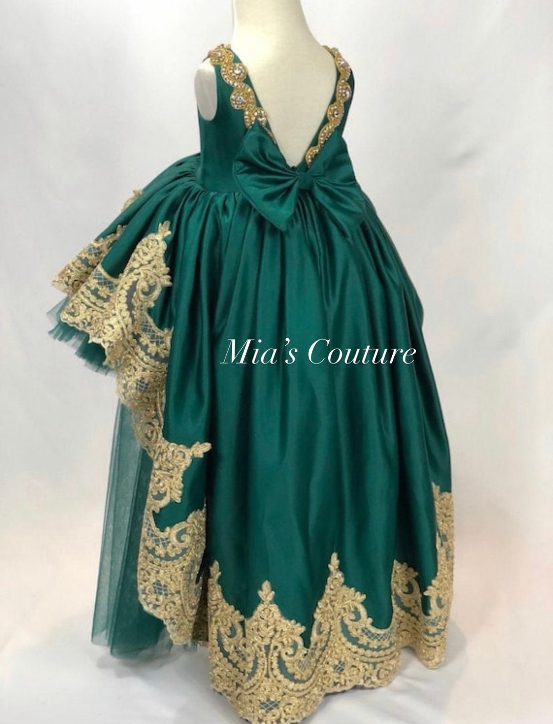 Emerald Green & Gold High Low Vintage Lace Rhinestone Embezzlement Tulle Satin Open Back Gown Emerald Green & Gold High Low Vintage Lace Rhinestone Embezzlement Tulle Satin Open Back Gown