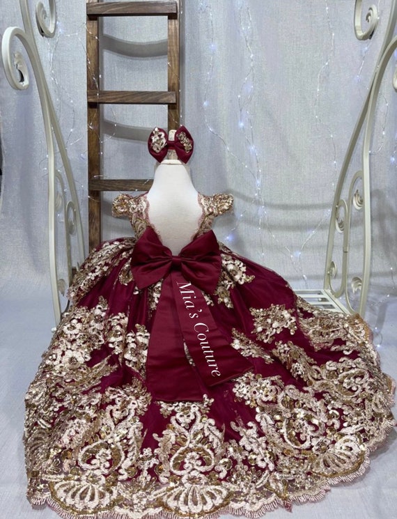 Burgundy & Gold Lace Vintage Open V Back Big Bow Gown - Etsy