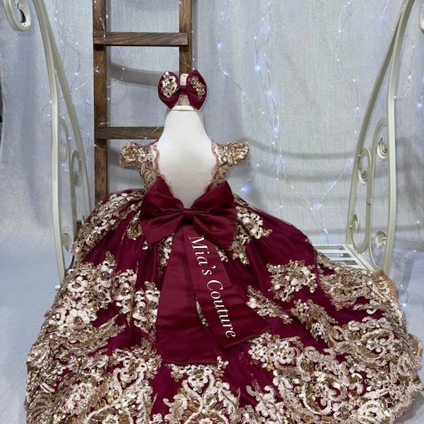 Burgundy & Gold Lace Vintage Open V Back Big Bow Gown