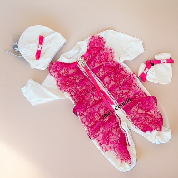 Baby Girl Pink Lace Coming Home Outfit, Newborn First Outfit, Baby