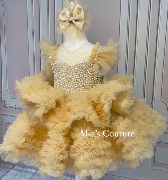 Champagne Gold Ruffled Pearls & Rhinestone Embezzlement Sheer Satin Tulle  Princess Dress - Etsy