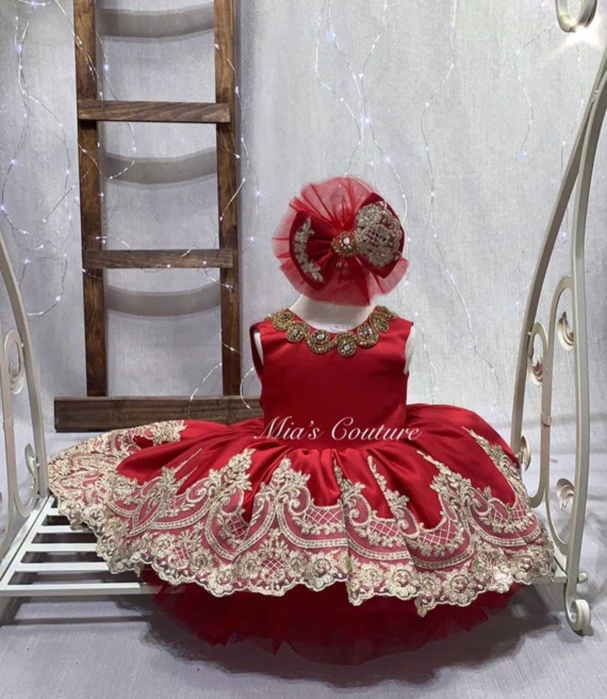 open lace back dress Gorgeous Red Ball Gown with Gems and Removable Sleeves – American Stride main image 0