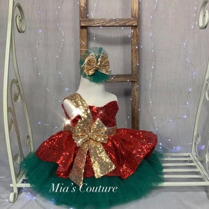 Christmas Gift Present Wrap All Sequins Holiday Big Bow Red Gold & Green Beauty Pageant Dress