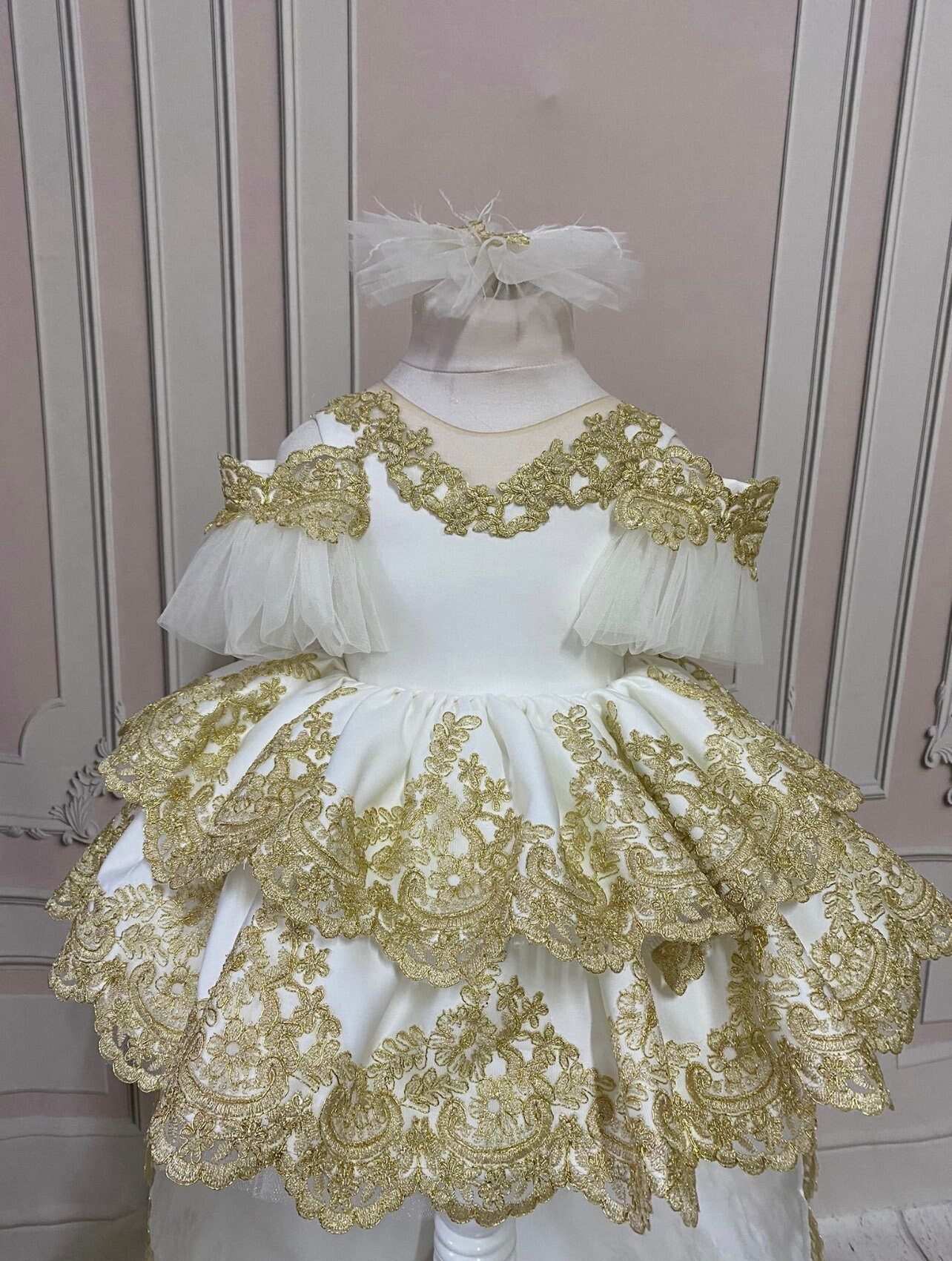 white and gold flower girl dress Gold and White lace flower girl dress, toddler pageant gown, toddler shabby chic flower girl dress, toddler floor length dress, baby dress