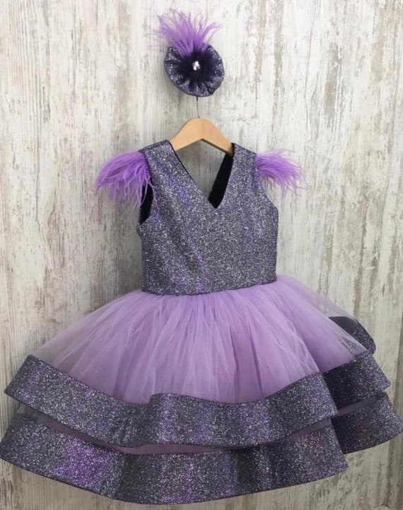 Paarse Tule Grote Strik Pailletten Gelaagde Meisjes Missverkiezing