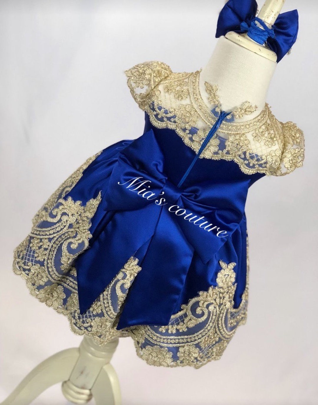 Gold Royal Blue Vintage Lace Satin Big Bow Christmas Holiday