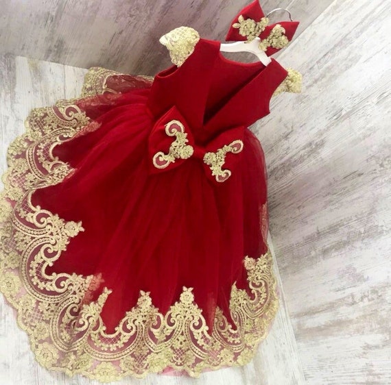 Vestido de niña rojo y dorado vestido rojo para niños Etsy México