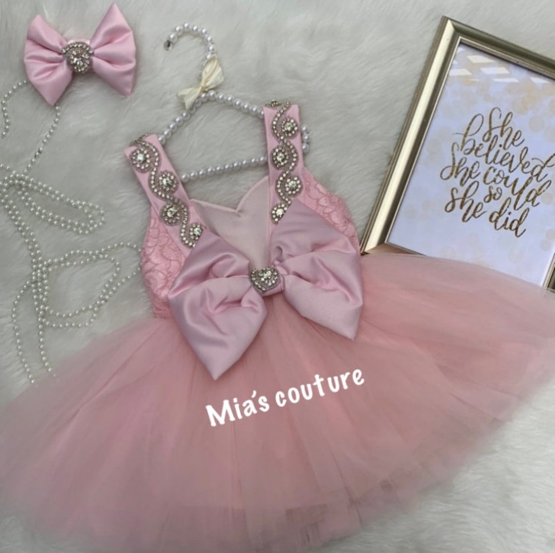 Pink Baby Girl Dress, Pink Tulle Dress, Lace Dress, High Low Dress Girl