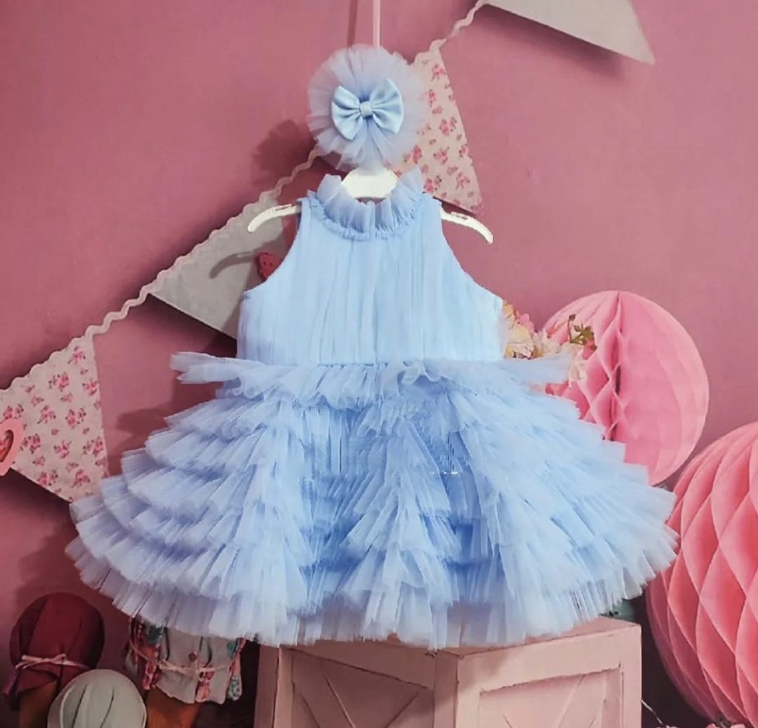 Sky Blue Baby Dress, Mini Bride Dress, Toddler Blue Dress With Diamonds