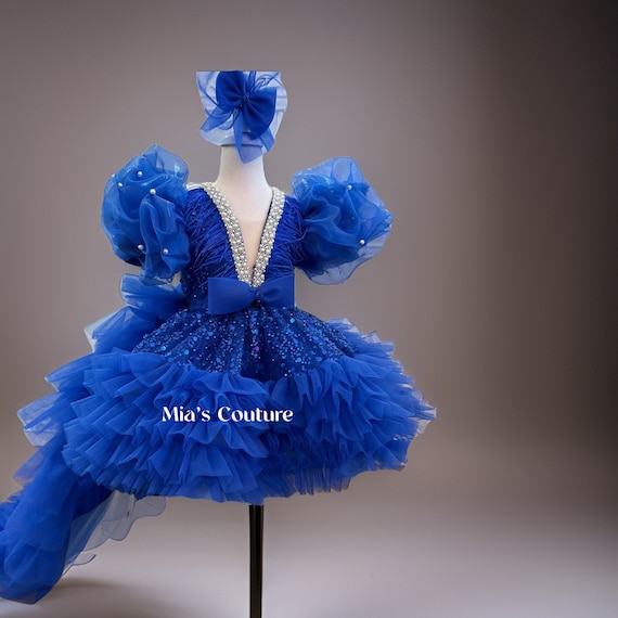 Girls Royal Blue Sequins Rhinestone Dress for Girls, Toddlers Pearl Dress, Blue Girl 1st Birthday Dress, Toddler Pageant Gown, Formal Dress