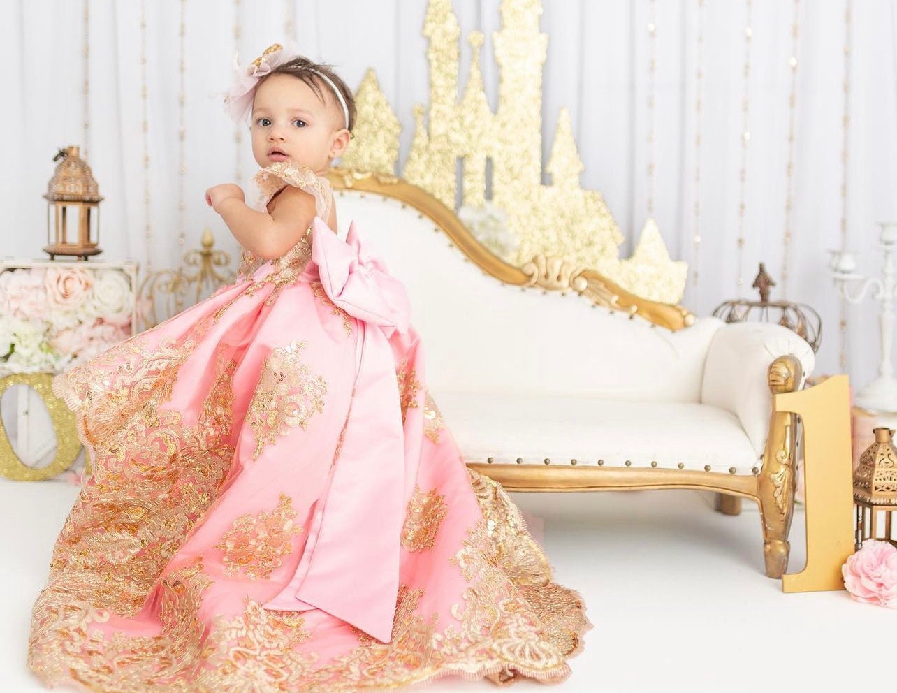Princess Gown, Pink and Golden Lace Dress, Long Length Gown, Formal Girl  Dress, Baby Girl Pink Dress, First Birthday Gown, Photography Baby - Etsy