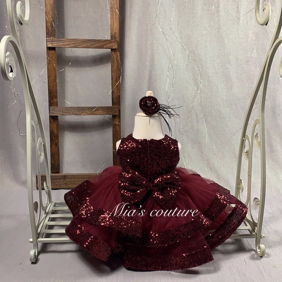 Sleeveless Burgundy Sequins Tulle Fluffy Big Bow Girls Dress Sleeveless Burgundy Sequins Tulle Fluffy Big Bow Girls Dress
