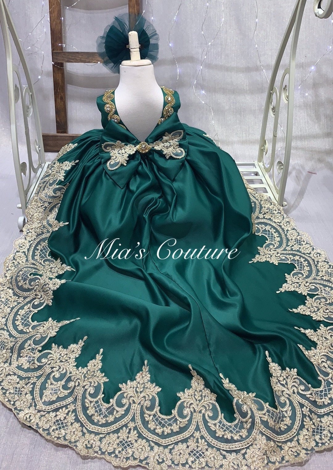 Gold & Green Satin Tulle High Low Vintage Lace Beautifully Embedded Rhinestone Embezzlement Christmas Holiday Beauty Pageant High Low Gown