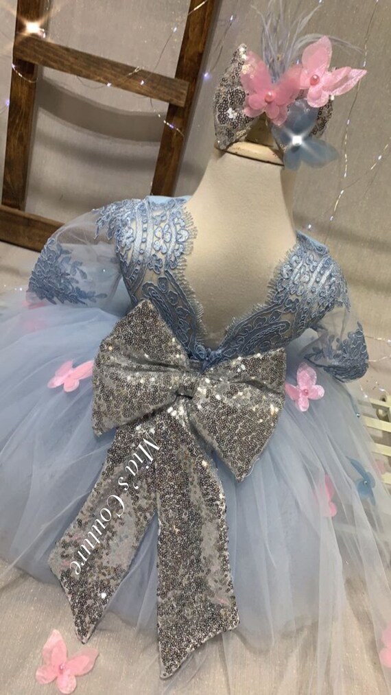 silver butterfly dress Silver Quinceaera Dress with Butterfly Floral Lace Appliqu XS / Silver