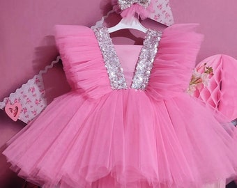 Baby girl pink tutu dress,tulle dress, layer dress, first birthday dress, Halloween costume