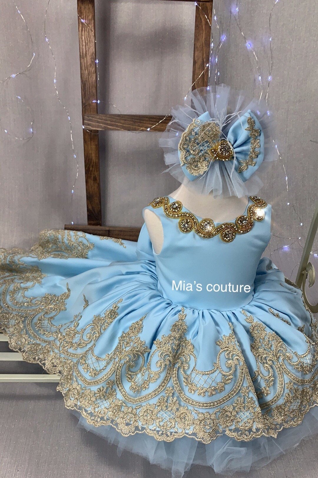 baby blue and gold dress Light Blue Tulle with Gold Lace Applique Party Dress, Light Blue Prom