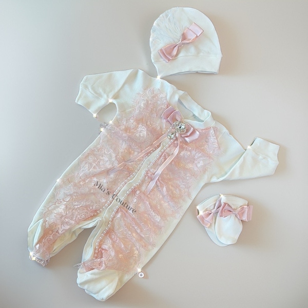 3pcs Baby Girl Hospital Exit Newborn Baby Girl Bling Outfits Baby Girl Layette Set Personalized Baby Girl Outfit, baby girl pink lace