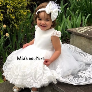 Girls white christening dress, baby baptism gown, toddler white dress, girls pageant dress, special occasion dress, white high low dress