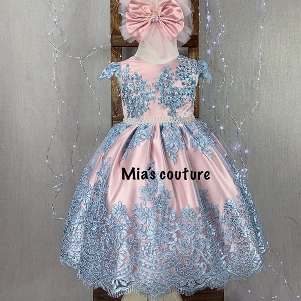 Blue & Blush Pink Pearl Embedded Lace Vintage Modern Style Big Bow Dress