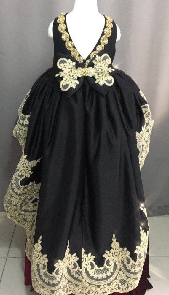 Black & Gold Vintage Lace Satin Tulle Big Bow High Low Rhinestone Embedded  Beauty Pageant Holiday Birthday Children's Event Dress - Etsy