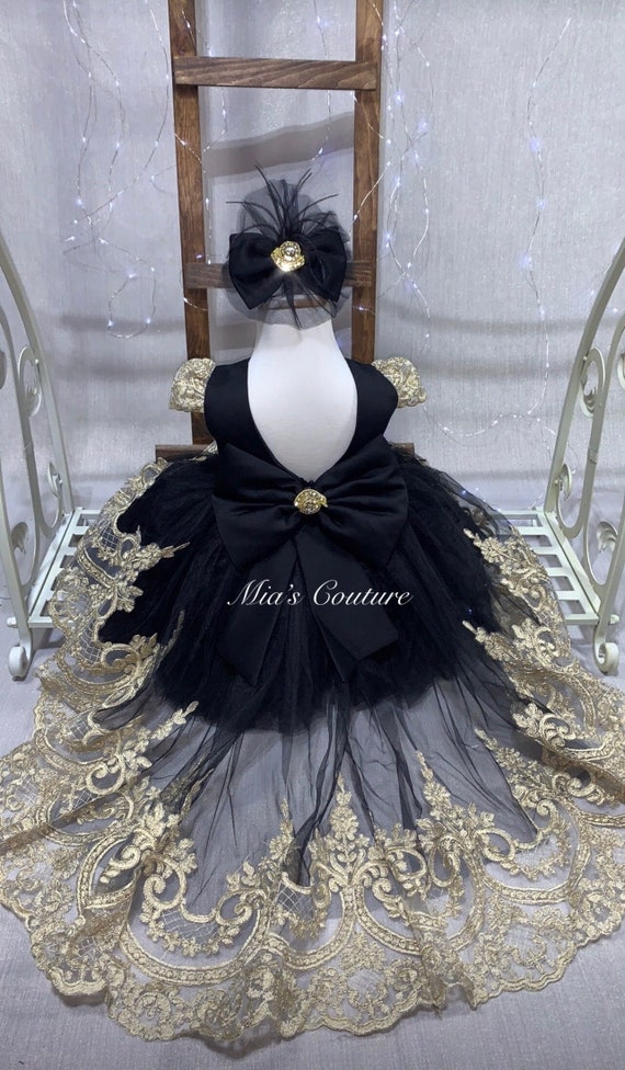 Black and gold baby girl dress black gold tulle dress with gold lace high low dress girl birthday dress prom dress flower girl dress