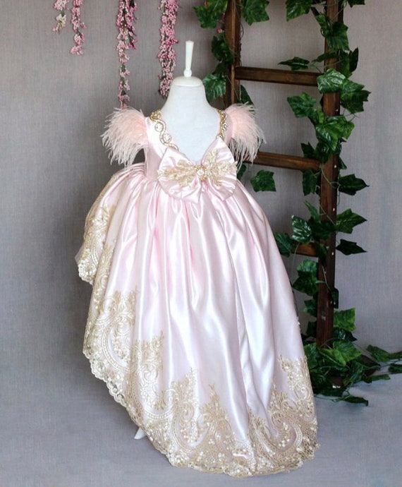Pink High Low Gold Vintage Lace Satin Tulle Rhinestone Embedded Big Bow  Feathered Shabby Chic Beauty Pageant Holiday Gown - Etsy