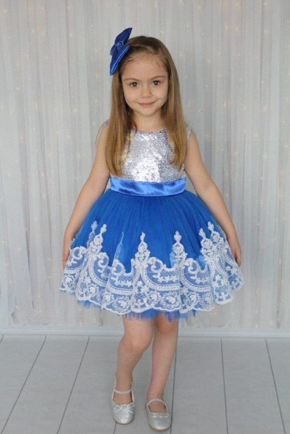 Royal Blue & Silver Big Bow Sequins Satin Tulle Vintage Lace Dress Royal Blue & Silver Big Bow Sequins Satin Tulle Vintage Lace Dress