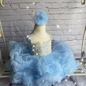 Sky blue baby dress with pearls, tutu dress for kids, toddler blue dress with diamonds,fluffy baby dress, 1st bday dress, ruffle dress