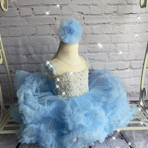 Sky Blue Baby Dress with Pearls, Tutu Dress for Kids, Toddler Blue Dress with Diamonds,Fluffy Baby Dress, 1st Bday Dress, Ruffle Dress