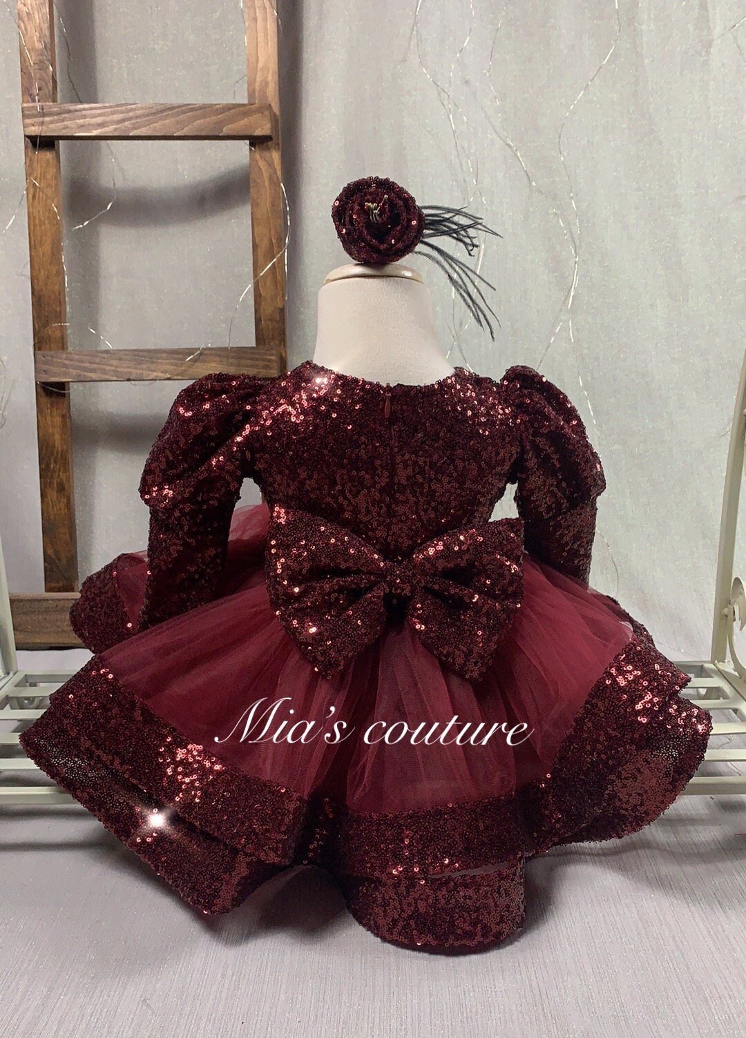 Deep Burgundy Holiday Sequins Big Bow Beauty Pageant Modern | Etsy