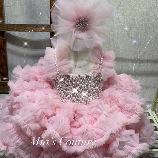 Pink Ruffled Pearls & Rhinestone Embezzlement Sheer Tulle Princess Dress